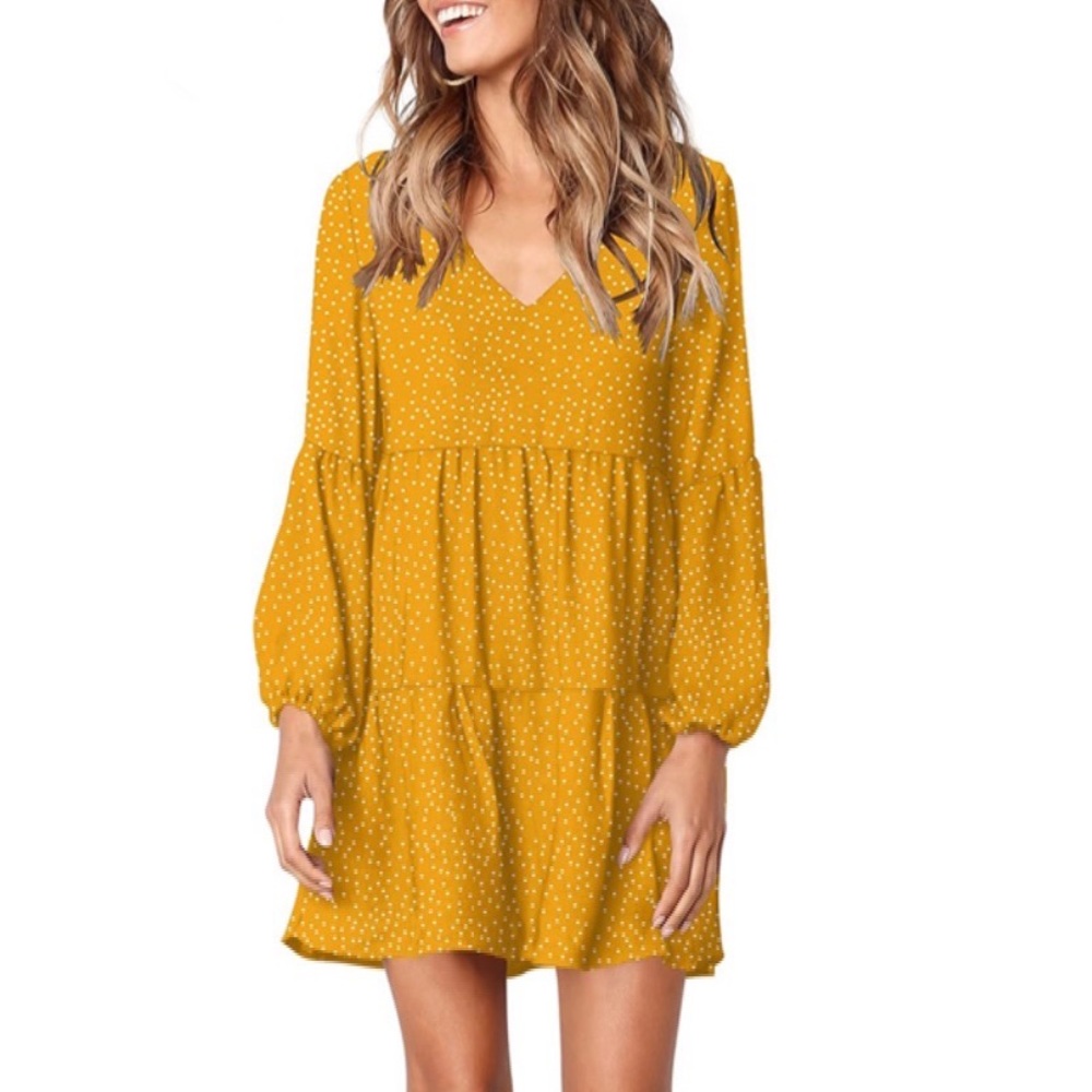 Amoretu Mustard Yellow Polka Dot Babydoll Swing Dress Small